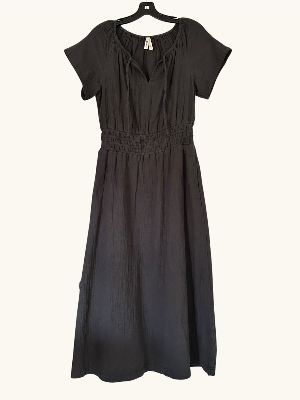 Pact coastal double gauze midi dress in soft black sz M - Picture 5 of 11